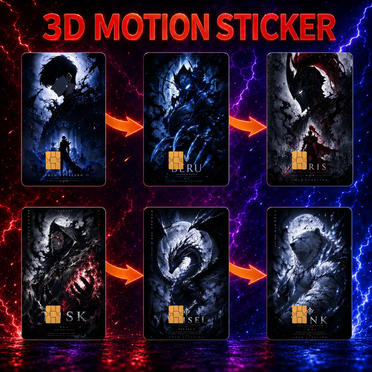 Solo Leveling Anime Credit Debit Card Sticker Cover 2-Pack 3D Motion Vinyl Ultra Slim 3.37x2.13" Stickers with Chip Cutout, Waterproof Scratch-Resistant, Easy Apply & Remove, Cute Kawaii Gift for Anime Fans