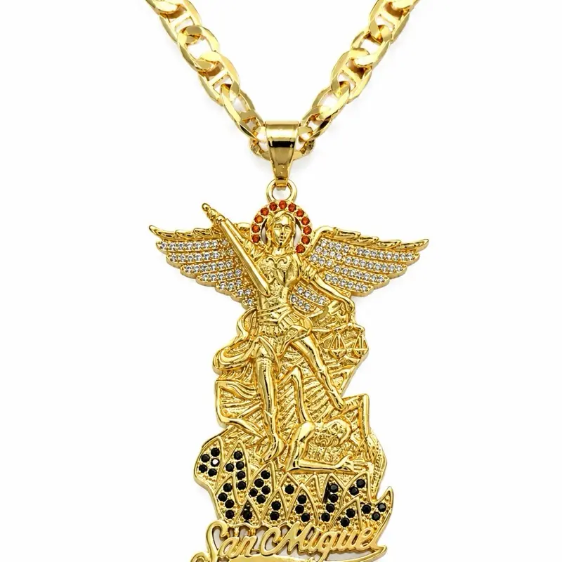 14K Gold Plated Alloy San Miguel St Michael Archangel Crystal Pendant Necklace - Rope-Figaro Link Necklace Chain, Heart Shaped Religious Jewelry, Unisex Valentine Gifts for Mom with Luxury Packaging