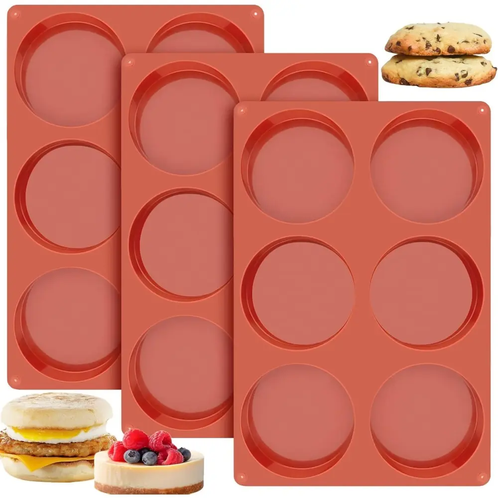 3-Pack 4-Inch Flexible Silicone Egg Molds for Baking - Non-Stick Round Cup, Pastry & Hamburger Bun Molds, Ideal for Muffin Tops, Corn Bread & Coasters, Hamburger Molds, Pastry Molds