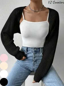 Women's Solid Long Sleeve Open Front Crop Cardigan, Casual Solid Knit Cover Up for Daily Wear Holiday Vacation, Ladies Outerwear Clothes for All Seasons