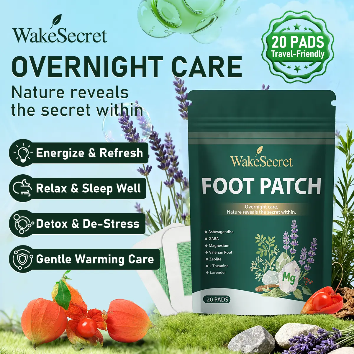 WakeSecret Natural Foot Patch – Promote Relaxation, De-Stress & Sleep Support | Overnight Herbal Foot Detox Patch with Warming Care to Soothe, Refresh & Rebalance Feet – Ashwagandha, Lavender, Magnesium, GABA, Valerian Root