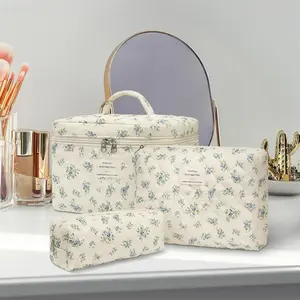 FEVERLZONG Quilted Large Makeup Bag Set Padded Cotton Cosmetic Bag with Top Handle & Quality Double Zipper for Travel multifunctional organizer
