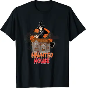 Halloween Haunted House Witch Broomstick T-Shirt - Emilyschwe Shop 57B0BJL6GTLD