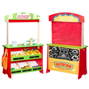 VEVOR Wooden Puppet Theater with Curtains,  2-in-1 Reversible Play Store, Double-Sided Grocery Store Playset with Chalkboard & Cash Register, Kids Pretend Play Market Stand, Gift for Boys & Girls