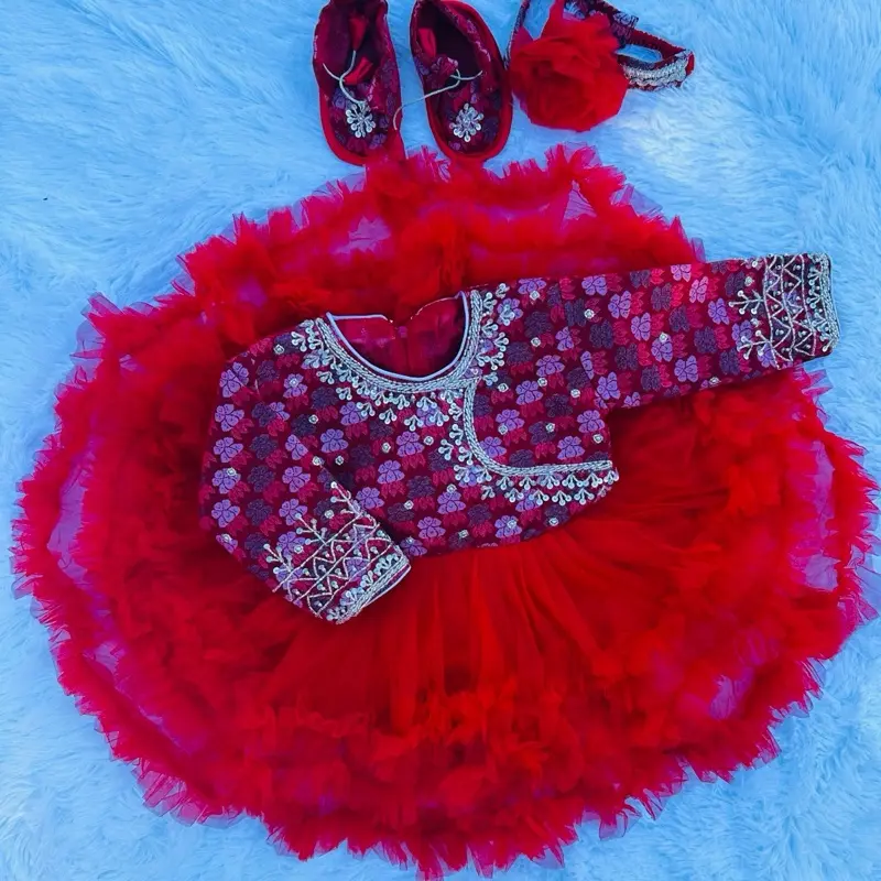 Nepali Traditional Pasni Set Red Dress with Embroidered Top and Matching Footwear for Womenswear Clothes