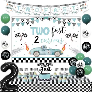Two Fast 2 Curious Decoration For Boys Girls, Vintage Two Fast Birthday Decorations Backdrop Cake Cupcake Topper Checkered Tablecloths Racing Car Number 1 Foil Balloon For 2 Year Old Birthday