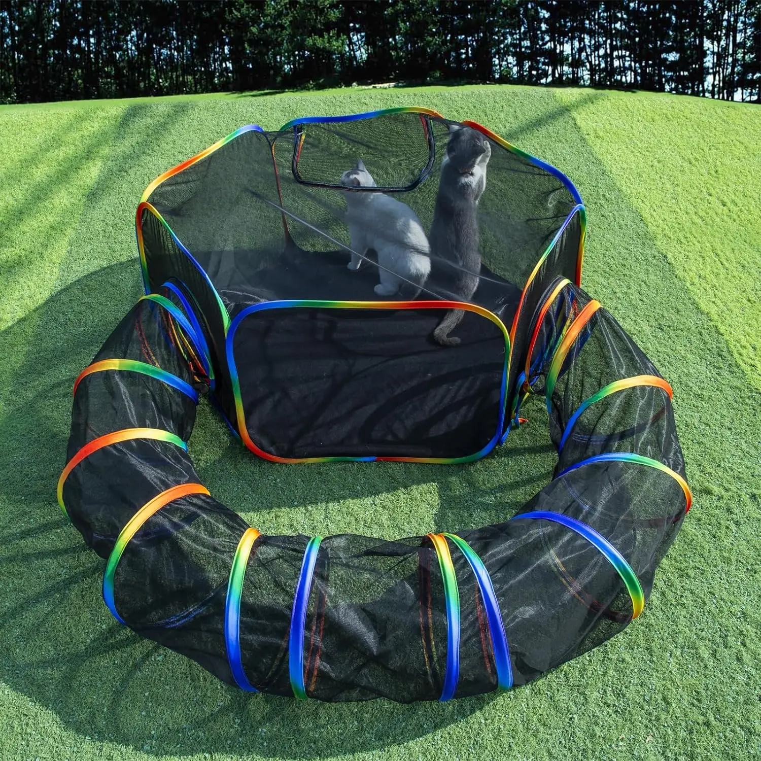 LUCKITTY Outdoor Rainbow Cat Enclosures Playground,Outside House for Indoor Cats Include Portable Cat Tent with Circle Cat Tunnel, for Cats, Kitty and