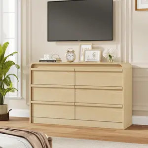 Farmhouse TV Stand for Living Room, Entertainment Center with 6 Storage Drawer & Curved Profile Design, Wooden Media Console Table with Storage Compartments, Natural