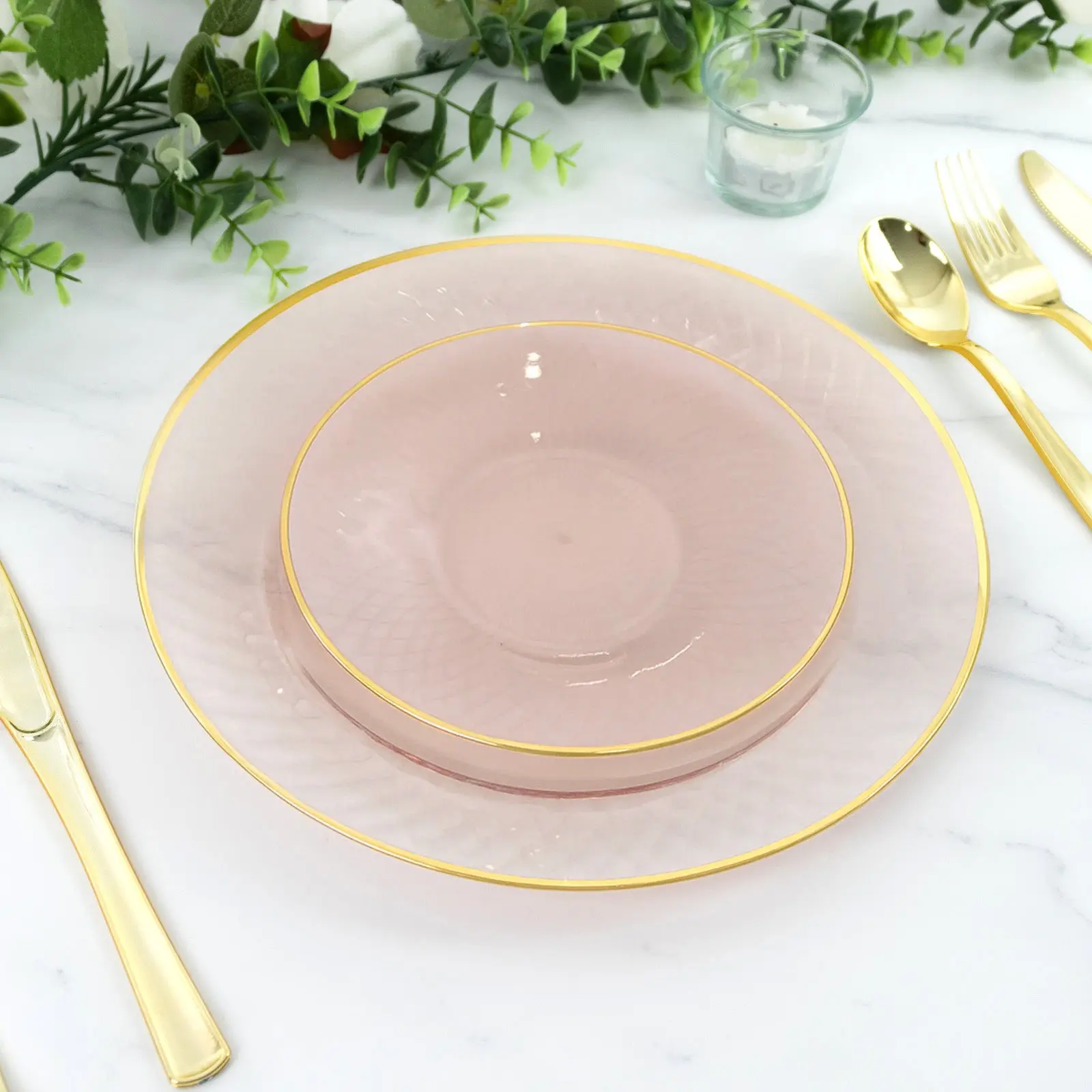 Blush Pink 7in Round Plastic Disposable Plates, 20-Pack with Radial-Cut Diamond Pattern & Gold Rim, Durable Dinnerware for Wedding, Anniversary, Engagement Parties, Dessert Serving