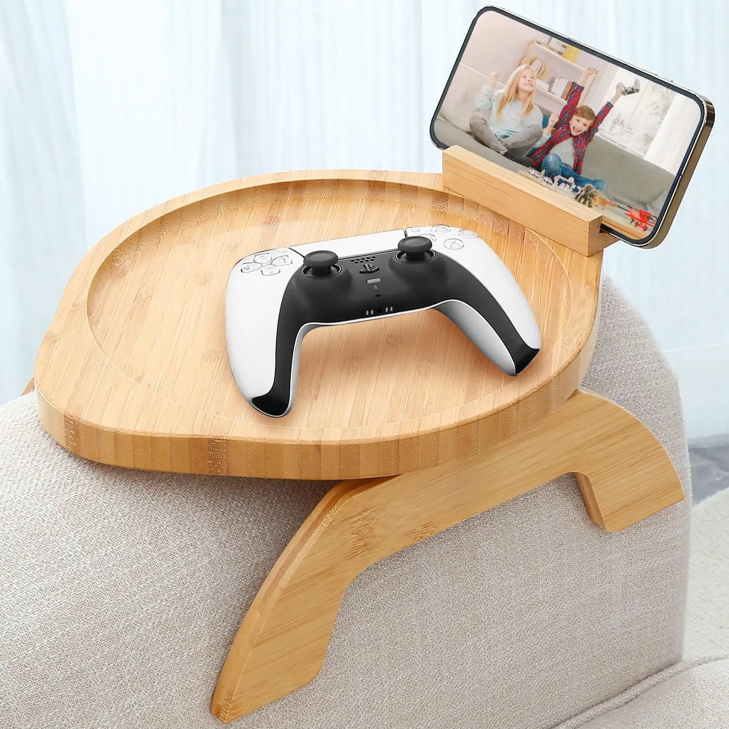 【On sale】Couch Arm Tray Table, Bamboo Sofa Side Tables Clip-on Couch with 360° Phone Holder, Foldable Sofa Armrest Tray for Eating, Drink, Snacks, Cof