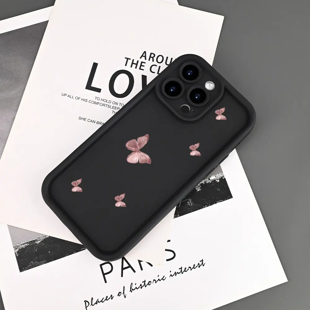 Phone Case - A Black Phone Case with a Pink Butterfly Pattern, Designed to Protect Against Drops, Compatible with Iphone 11 Through 17, Including XS, XR, X, 7, 8, 12, 13 Mini, Plus, Pro, And Max Series. It Makes a Great Gift for a Girlfriend