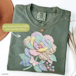 Comfort Colors Faux Quilted Patchwork Daisy Shirt Vintage Aesthetic Flower Top Floral Graphic Tee Cottagecore Patchwork Shirt Spring TShirt
