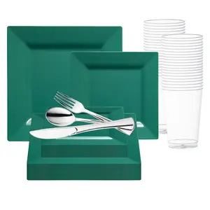 Hunter Green Square Plastic Plates Wedding Value Set