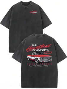 Retro water-washed oversized black Chevrolet truck graphic T-shirt and the classic red and white truck print of "The Heartbeat of America". This is a gift for car enthusiasts, featuring a retro double-sided print design.