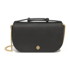 Tory Burch Emerson Leather Crossbody Bag with Silver Double T Logo and Detachable Strap for Women in Black