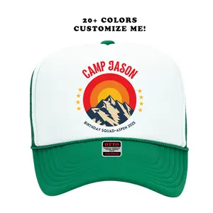 Custom BIRTHDAY Party Trucker Hat Personalized RETRO Mountain Design Unisex Camping Hiking Adventure Trucker Party Hats Bday Hats Fun Camping Party Accessories Matching Group Hats Comfortable Durable Mesh Back Adjustable Snapback