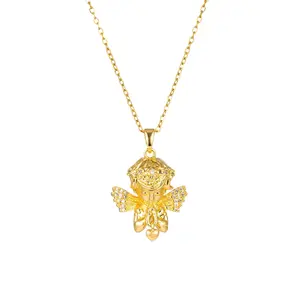 1pc 18K Gold Plated Steel Baby Angel Pendant Necklace with Leaf Detail for Women's Fashion Jewelry Collections and Special Events