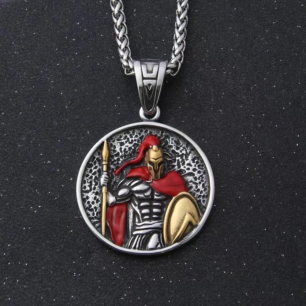 Greek Warrior Spartan Shiled Necklace,Titanium Chain,Ancient Greek Symbol Amulet Medal Necklace