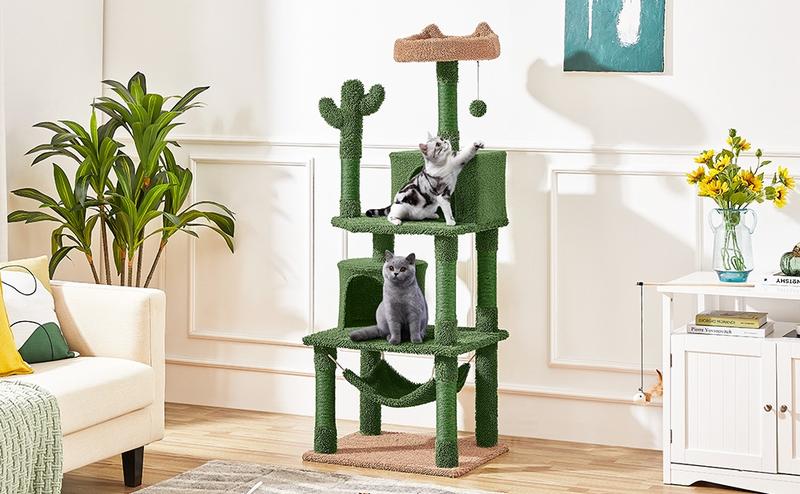 Yaheetech 62in Cactus Cat Tree for Indoor Cats, Cat Tower with Scratching Posts & Hammock & Dangling Ball, Large Cat Condo Multi-Level Activity Center