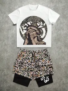 Y2K Style Unisex 2-Piece Set, Liberty Statue Print Short Sleeve T-Shirt & Trendy Shorts, Streetwear, Block, Men's Gift