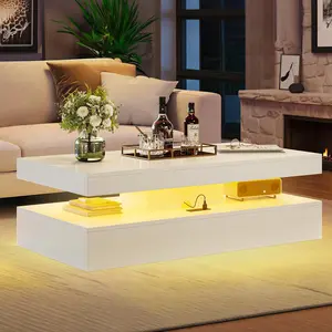 Aoxun 47" High-Glossy LED Coffee Table with 2 Sliding Drawers, Living Room Storage Coffee Tables, Modern Stylish Double-Layer Center Tables with LED Lights, White