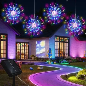 4pcs Solar-Powered Firework Lights, Hanging LED Starburst Lights, 8 Modes, Perfect for Christmas Parties, Weddings, Gardens, Valentine'S Day Decorations, Solar Decorative Lights [Warm Light/Multicolor]