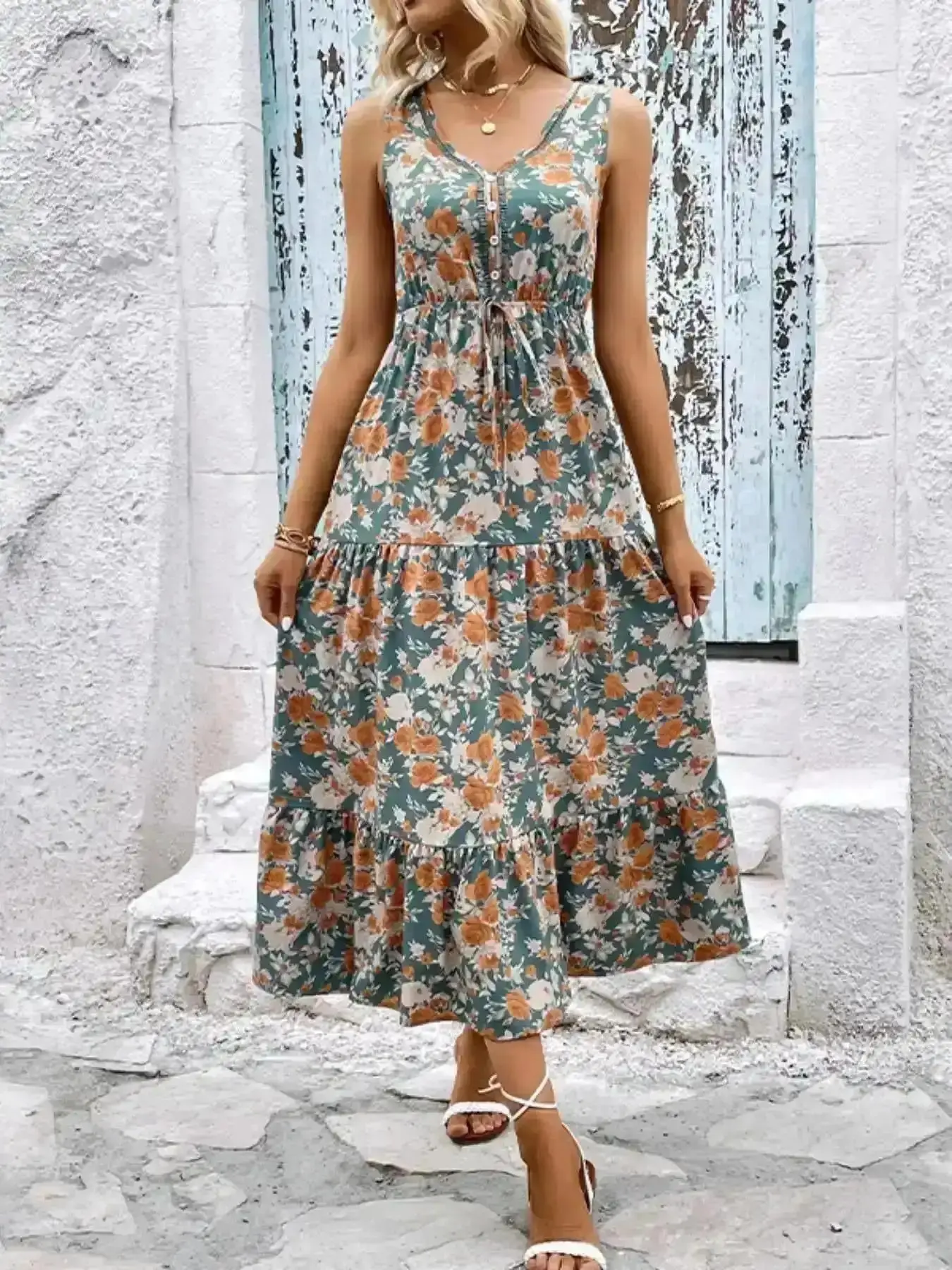 Elegant Night Out Dress, Floral Print Fake Buttons Ruffle Hem Tank Dress, Summer Clothes, Boho Tie Front Sleeveless V Neck Long for Beach Holiday Vacation, Ladies, Ready, Getaway Style, Viral Fashion