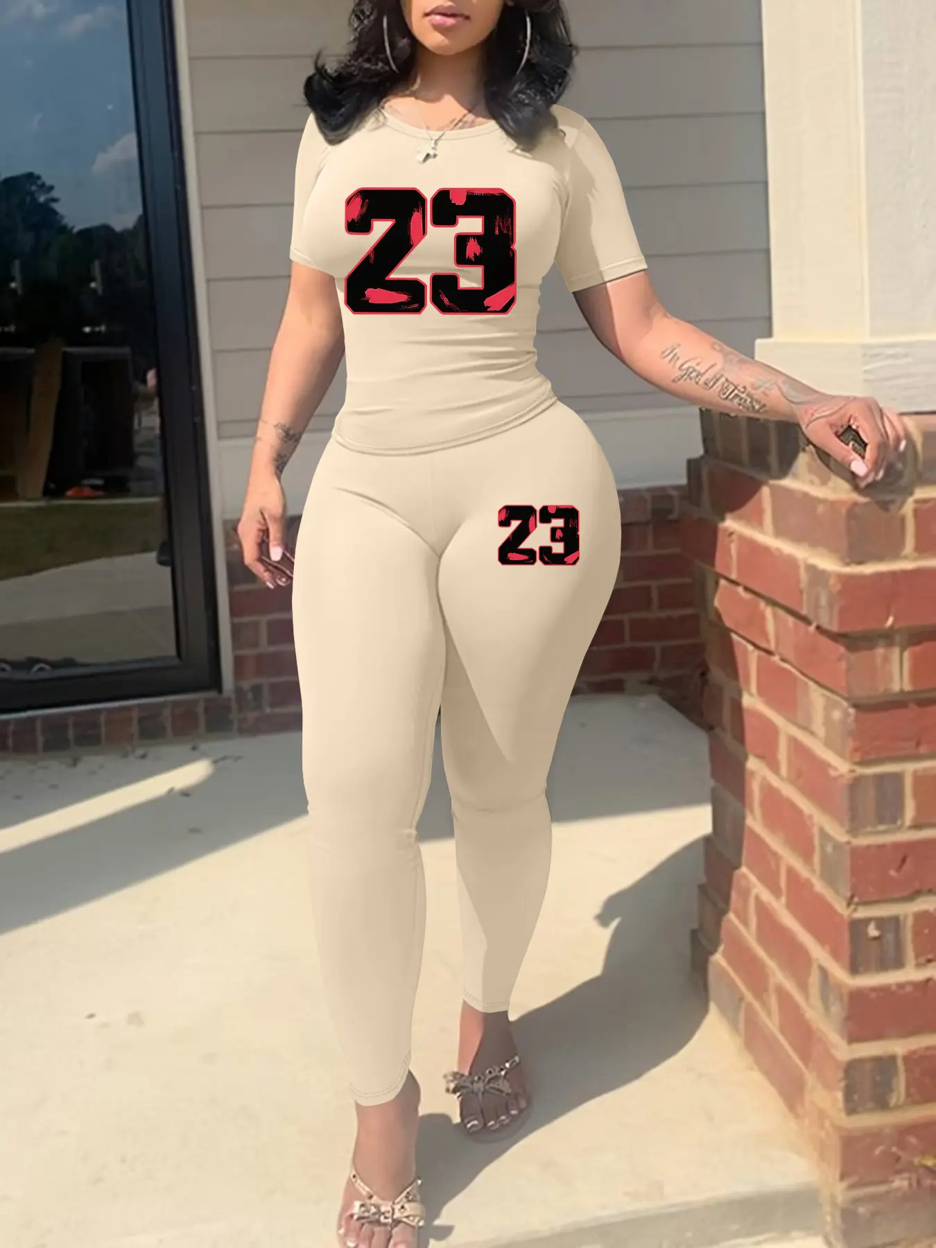 Two-Piece Set Women's Letter & Heart Print Knit Crop Tee & Skinny Pants, Casual Fashion Cozy Round Neck Short Sleeve T-Shirt & Trousers for Daily Outdoor Wear, Ladies Summer Clothes, Suits Outfit, Crop Top