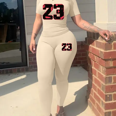 Two-Piece Set Women's Letter & Heart Print Knit Crop Tee & Skinny Pants Bottoms, Casual Fashion Cozy Round Neck Short Sleeve T-Shirt & Trousers for Daily Outdoor Wear, Ladies Thin Summer Clothes, Suits Outfit, Crop Top
