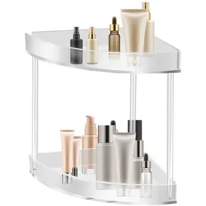 2 Tier Corner Bathroom Counter Organizer Clear Acrylic Corner Countertop Organizer with Non-Slip Rubber Pads Stackable Corner Vanity Counter Skincare Shelf Organizer