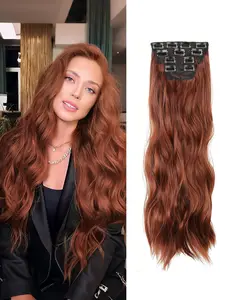 Clip in Hair Extension 22 Inch 4Pcs Long Body Wave Synthetic Curly Wavy Copper Red Hairpieces for Women Daily Use