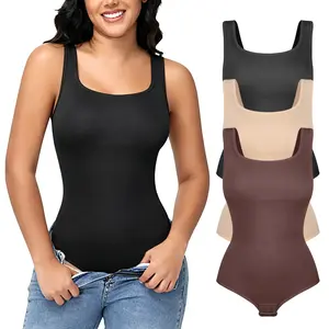 3/2/1 Women Tummy Control Shapewear Bodysuit Sleeveless Square Neck Body Suit Fitted Tank Tops Compression Waist Trainer Body Shaper Gym Fitness Sports Jumpsuits