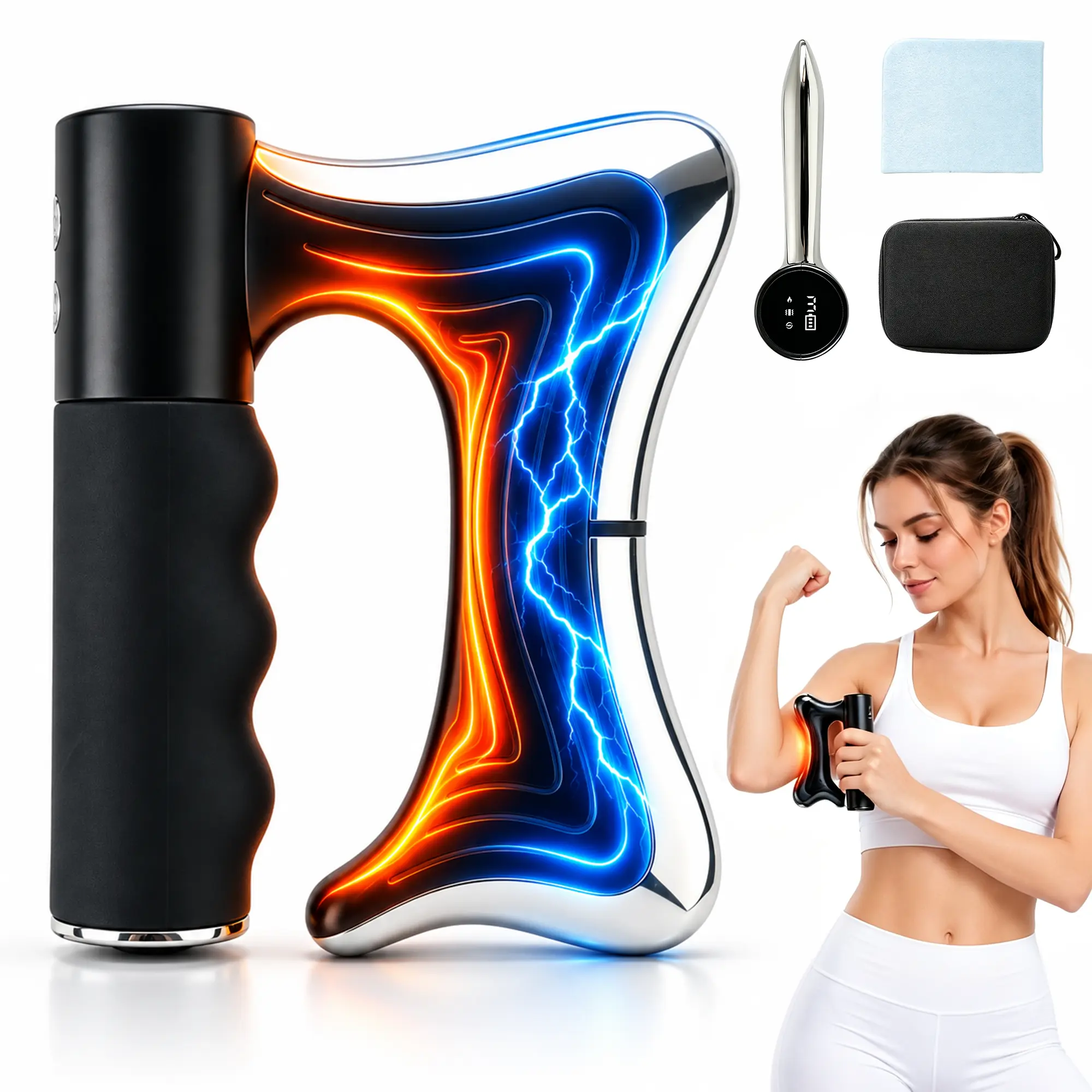 Heated Deep Tissue Massager for Muscle Recovery, 3-in-1 Electric Muscle Scraper with Heat & Vibration, Rechargeable Handheld Body Massage Tool