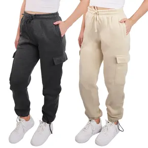 SPXTREME [2 Pack] Cargo Jogger Sweatpants for Women Casual Lounge Womenswear Breathable Bottoms Fleece Everyday Pants with Pockets and Elastic Waistband Lightweight Comfy Super Soft Minimalist Basics Multicolor Trouser, Sizes S - 2XL