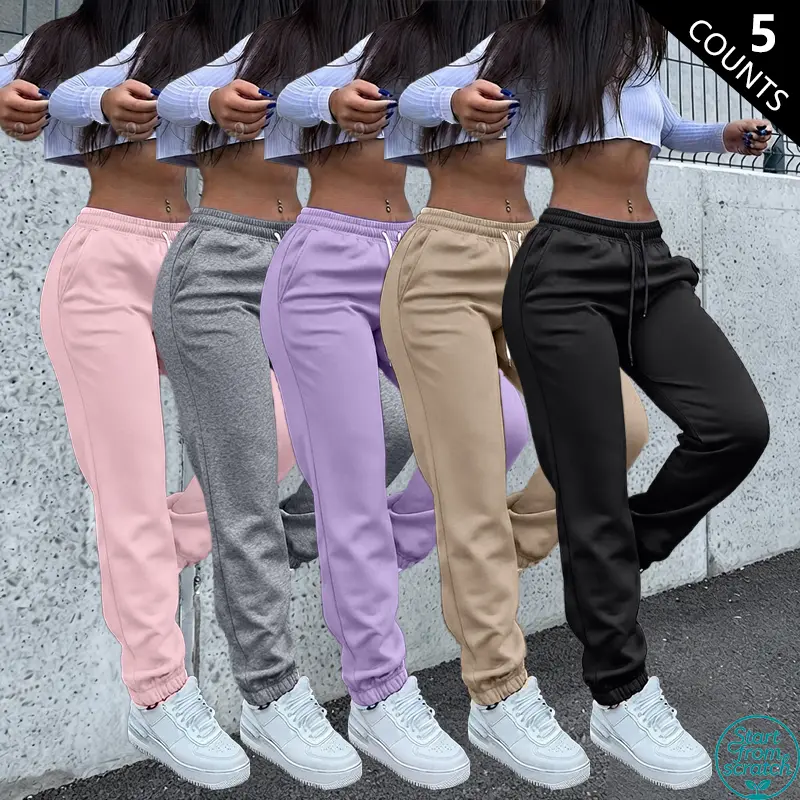 Pack of 5 women’s fashion casual solid-color lightweight breathable jogger pants with elastic drawstring waist and pockets, suitable for sports, streetwear, everyday wear, etc.