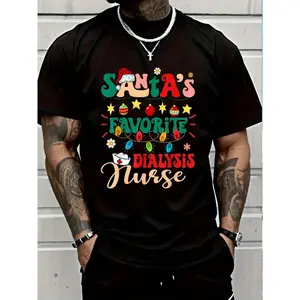 100% Cotton Retro Groovy Santa's Favorite Dialysis Nurse Santa Hat Xmas T-Shirt Women's Men's Graphic Tee Crew Neck summer vacation Tops