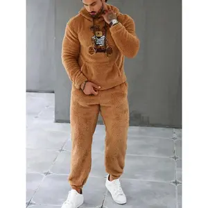Autumn/Winter Fleece Bear Print Set, Hooded Sweatshirt & Drawstring Pants Two-Piece, Casual Cartoon Pattern, Men’s Warm