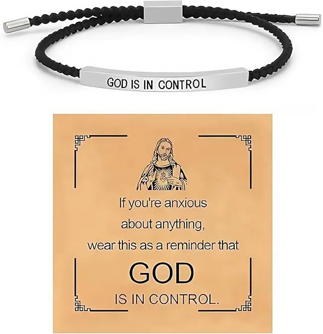 Inspire Bracelet GOD IS IN CONTROL - Elegant Design with Unique Patterns and Letters Easter Christian Gift Bible Verse Cross Christian Faith Bracelets Handmade Letter Braided Bracelet Adjustable Stainless Steel Christmas Birthday Gifts Jewelry