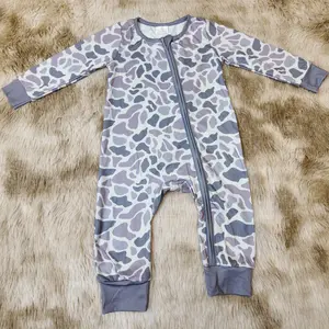 Long sleeves gray camouflage printed zipper sleeper hunting baby boy romper