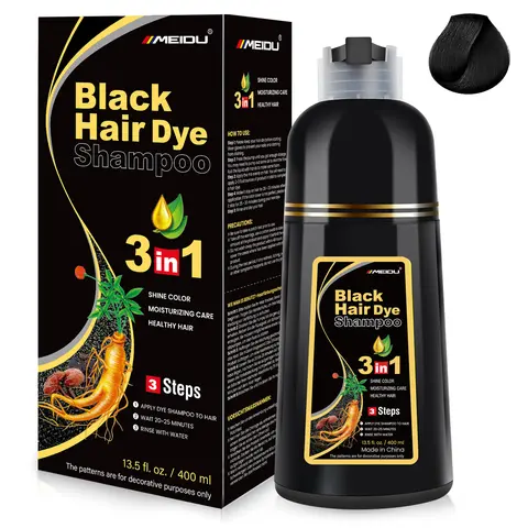 MEIDU 3 in 1 Black Hair Dye Shampoo - Herbal Ingredients Can cover gray hairs, Contains Ginseng Extract, Natural Haircoloring（400ml）