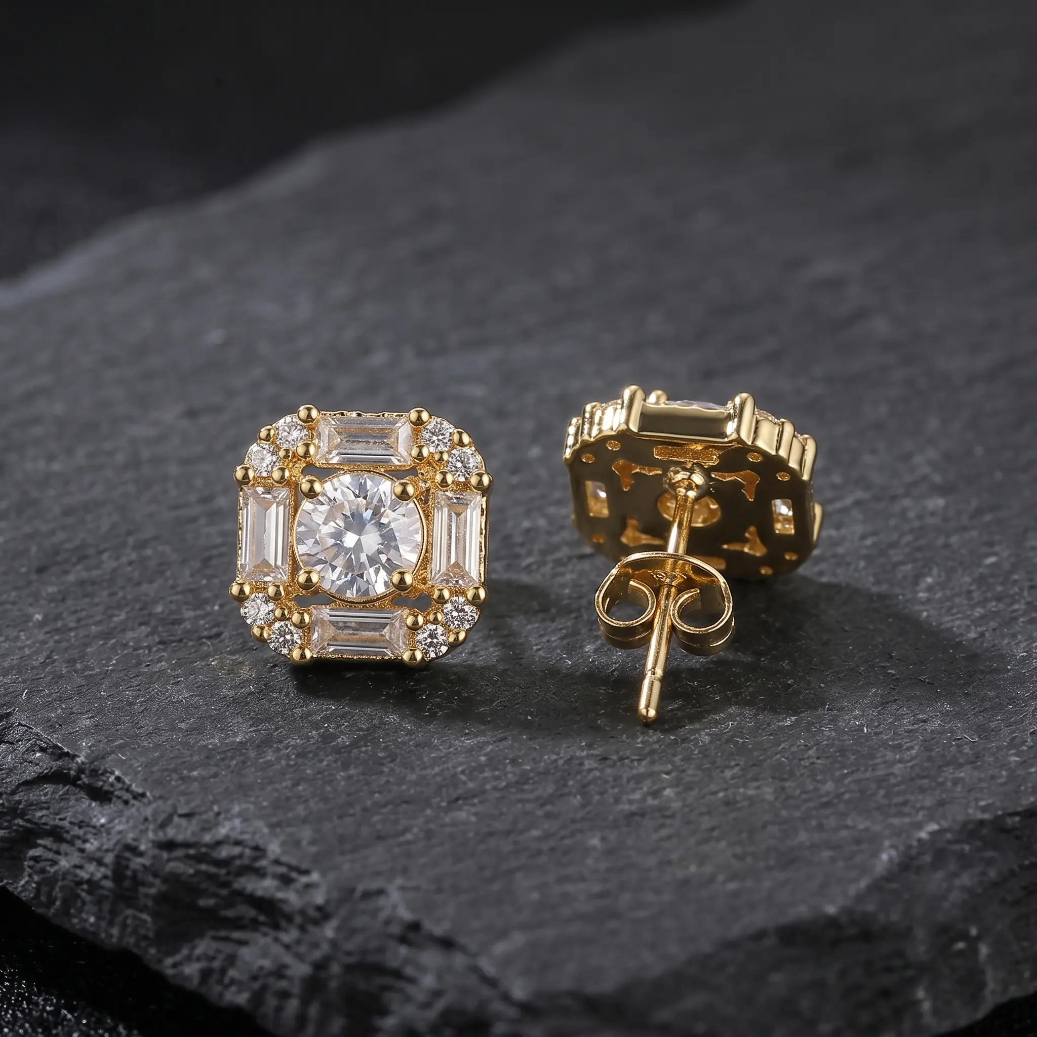 Gold Silver Square Cubic Zirconia Stud Earrings for Women and Men, Birthday Prom Wedding Accessories Fashion Jewelry Gift