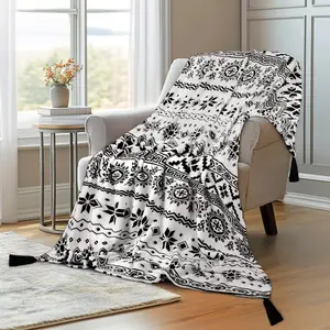 COCO Flannel Boho Blanket for Couch, Country Western Aztec Printed Throw with Tassel, Soft Cozy Bohemian Blanket for Home Decor (Black and White, 50x60inches)