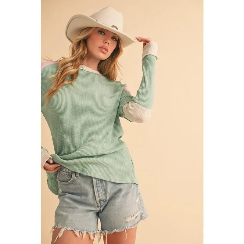 Aemi + Co Raw Seam Color Block Round Neck Knit Top