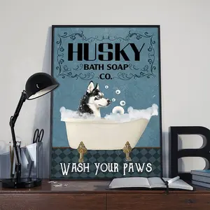 Dopamine Decor-Husky Dog Co Bath Soap Wash Your Paws Poster, Husky Dog Poster, Bathroom Decor Canvas Poster Print Artwork Decoration Photo Cotton Hanging Matte Wall
