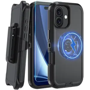 for Phone  17 Case,with Belt Clip,[Compatible with Magsafe] W/Tempered Glass Screen Protector,Anti-Drop,Shockproof,Heavy Duty Protection (Black)