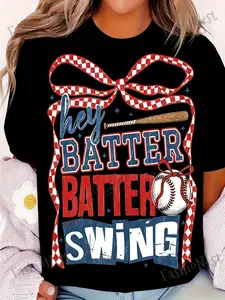 Men'S Vintage Baseball Graphic Tee - 70S-80S Inspired 'Hey BATTER BATTER SWING' Design Featuring Stars And Stripes, A-Line Casual Round Neck Cut, Soft And Machine Washable Material, Ideal for Everyday Wear And Outdoor Activities, Comfortable Fit