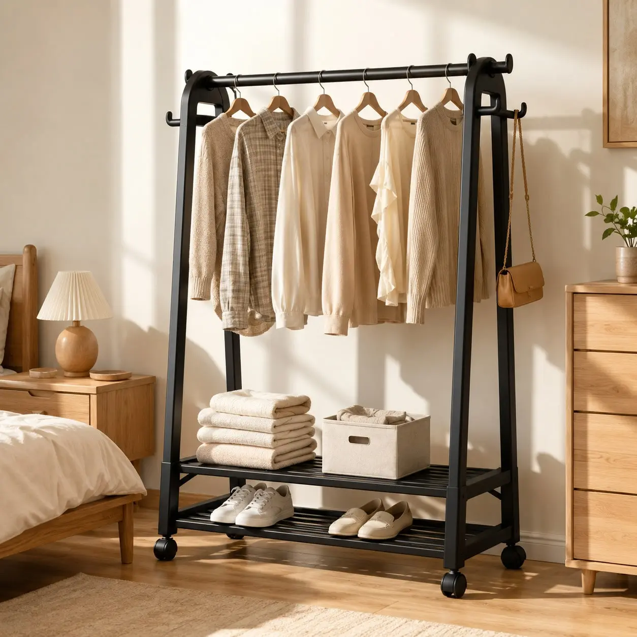 Freestanding garment rack with wheels, heavy-duty clothes rack with hanging rod, side hooks & 2-tier shoe storage shelves, space-saving clothing organizer for bedroom, closet, dorm, laundry room & entryway, black/white