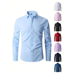 Men’s Solid Color Slim Fit Long Sleeve Button-Up Business Shirt, Spring/Fall Formal Wear, Gift for Men, Father’s Day Gift, Shirts for Men