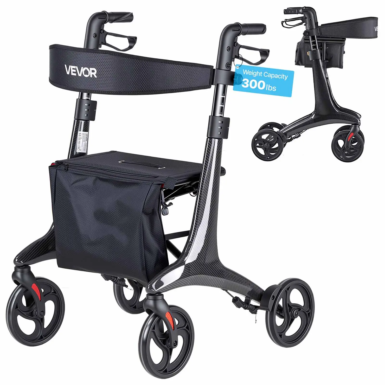 VEVOR Carbon Fiber Rollator Walker for Seniors, Foldable Lightweight Portable Compact Mobility Aid with Padded Seat, 8" Solid PVC Wheels, Adjustable Handle, Shock Absorption, Hand Brake, 300LBS High-Capacity Smooth Indoors & Outdoors Reliable Support