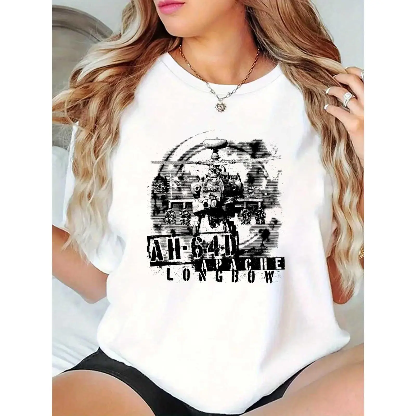 Women's Vintage Distressed AH-64D Apache Longbow Helicopter Graphic T-Shirt, Casual Daily Military Enthusiast Tee for Ladies, Perfect for 4th of July & Everyday Wear